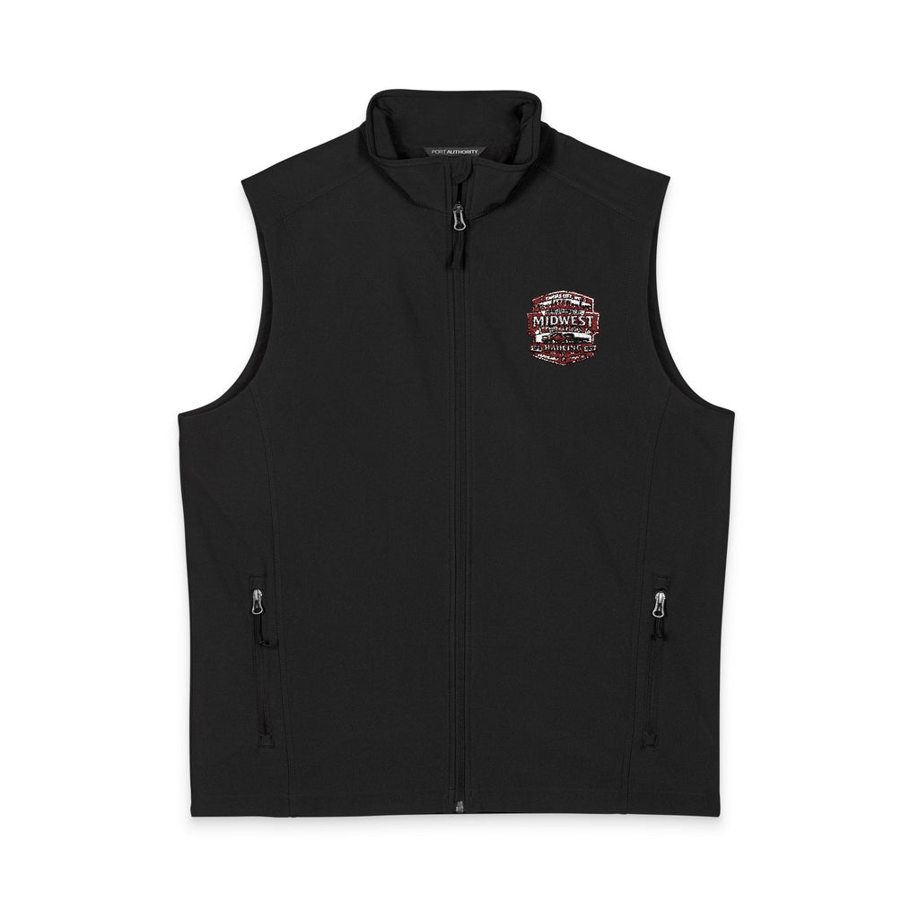 Men's Soft Shell Vest — Subtle Red & White Pixel Patch (embroidered)