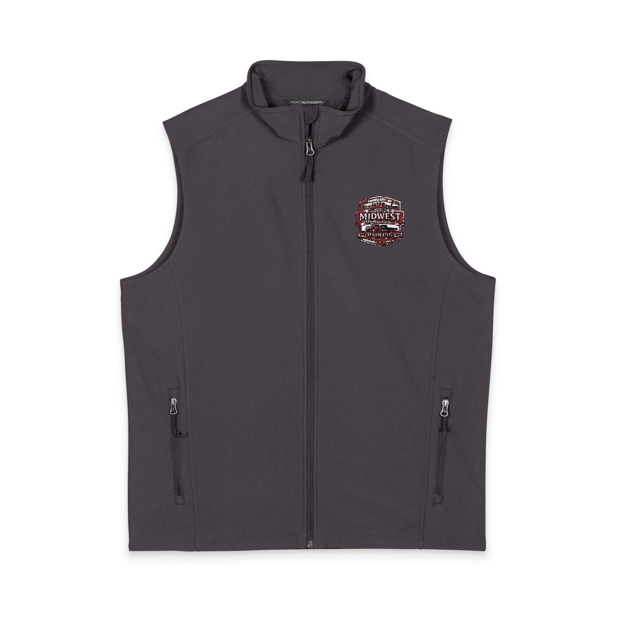 Men's Soft Shell Vest — Subtle Red & White Pixel Patch (embroidered)