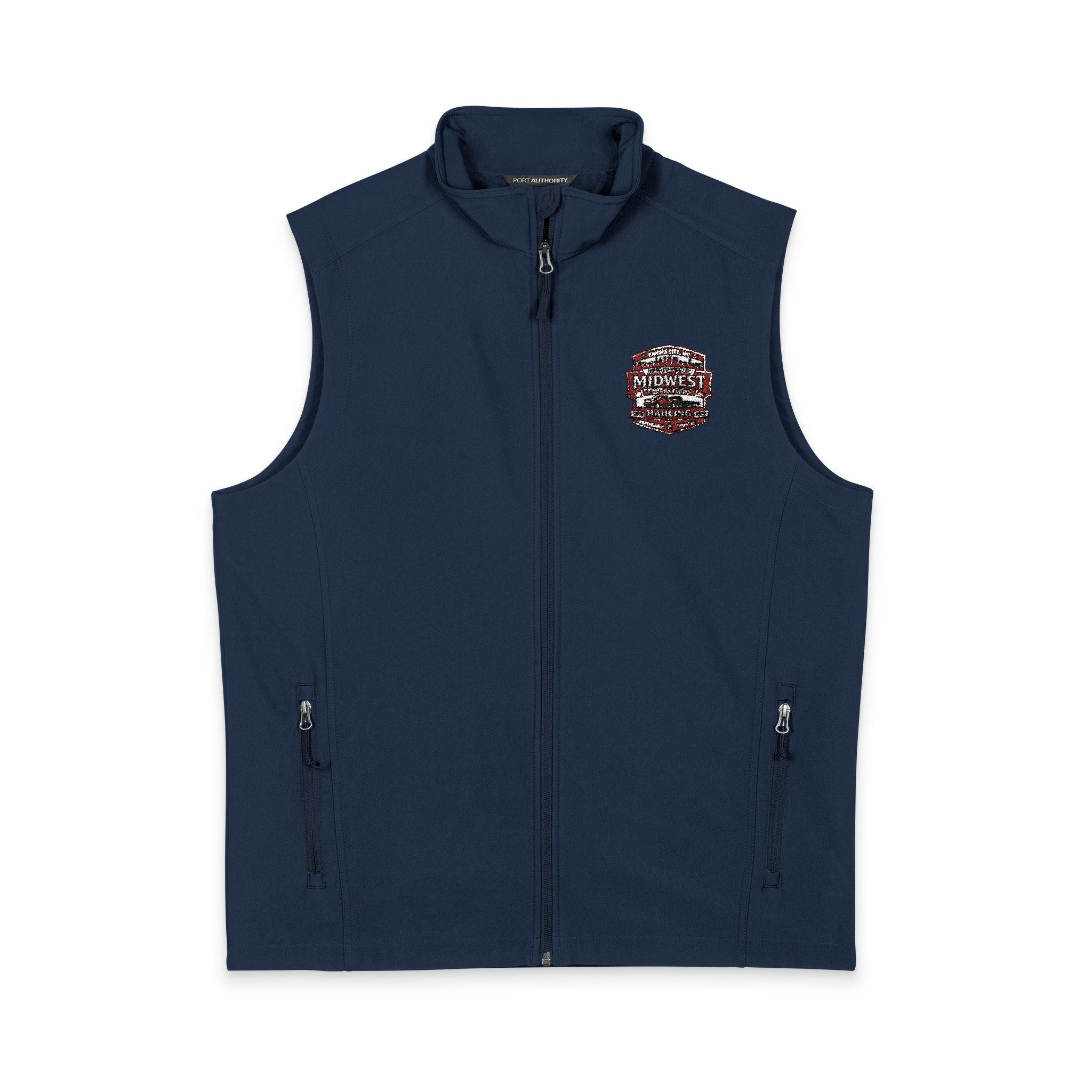 Men's Soft Shell Vest — Subtle Red & White Pixel Patch (embroidered)