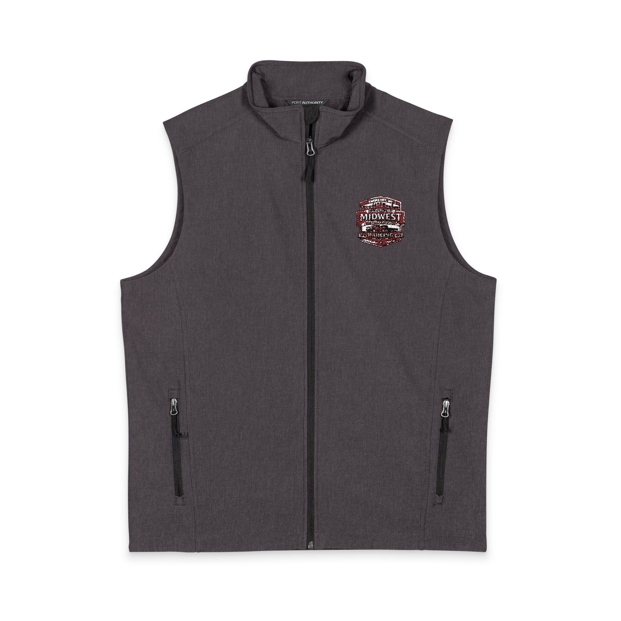 Men's Soft Shell Vest — Subtle Red & White Pixel Patch (embroidered)